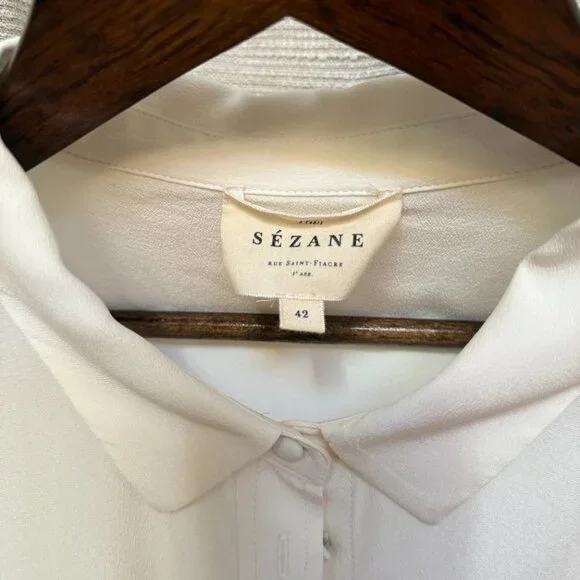 Sezane Ann Ecru 100% Silk Button Down Shirt - Size 42 (US 10) - French Parisian - Picture 4 of 4
